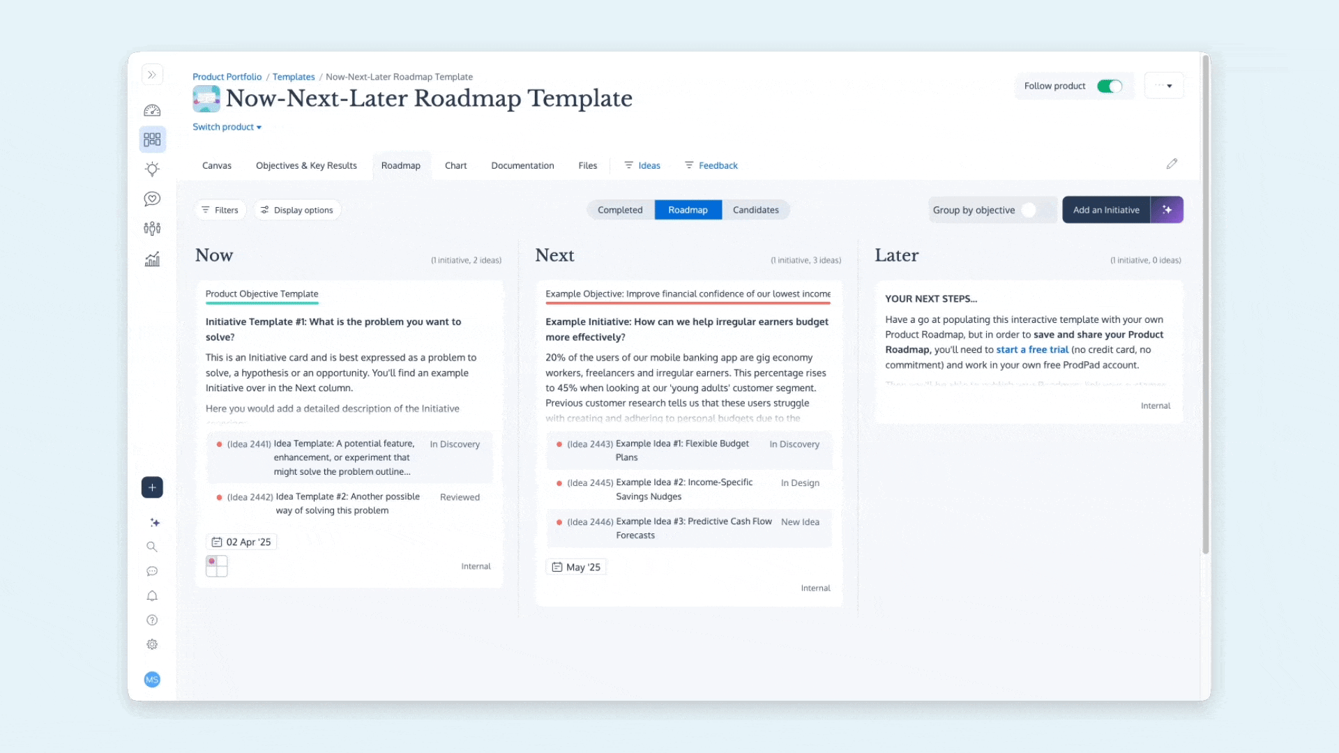 An animated image of the Now-Next-Later roadmap template within the ProdPad sandbox